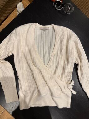 LOFT Cream Ribbed Wrap V-Neck Sweater